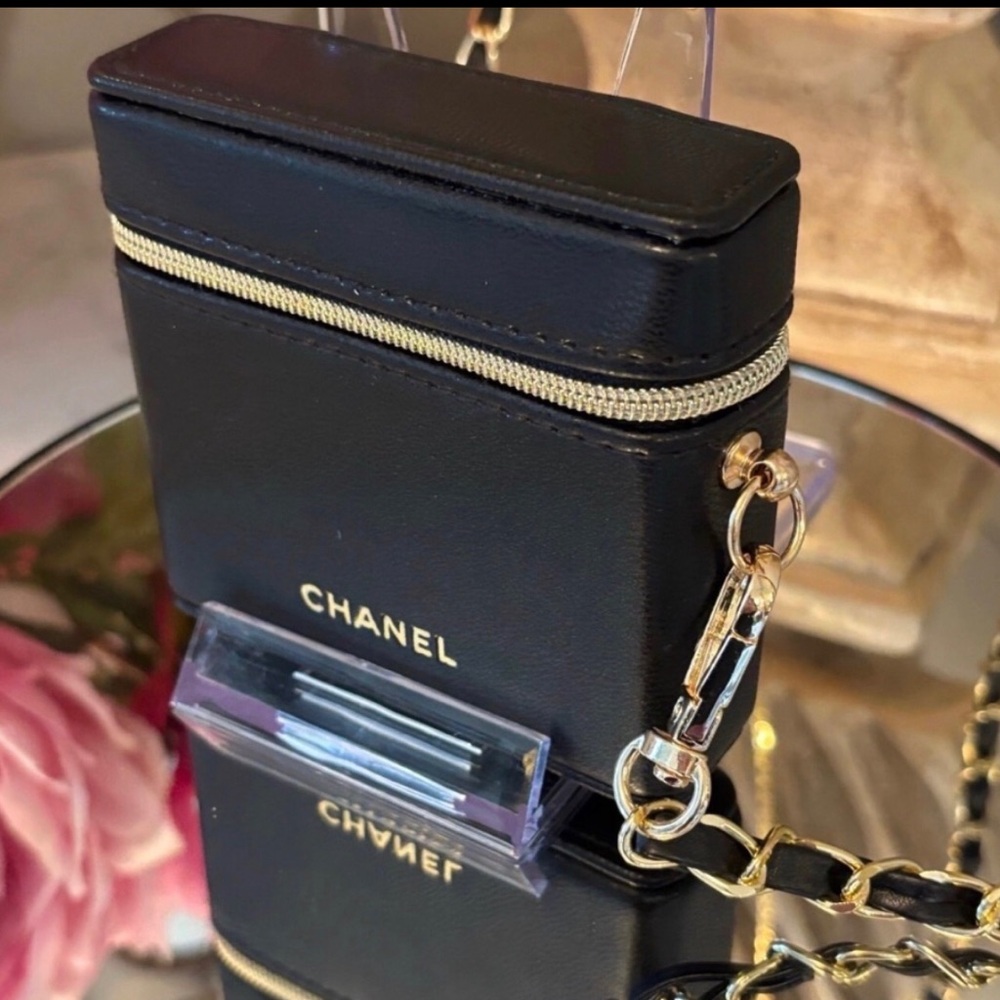 Black Faux Leather Mini Beauty Crossbody Case with Gold Hardware GWP